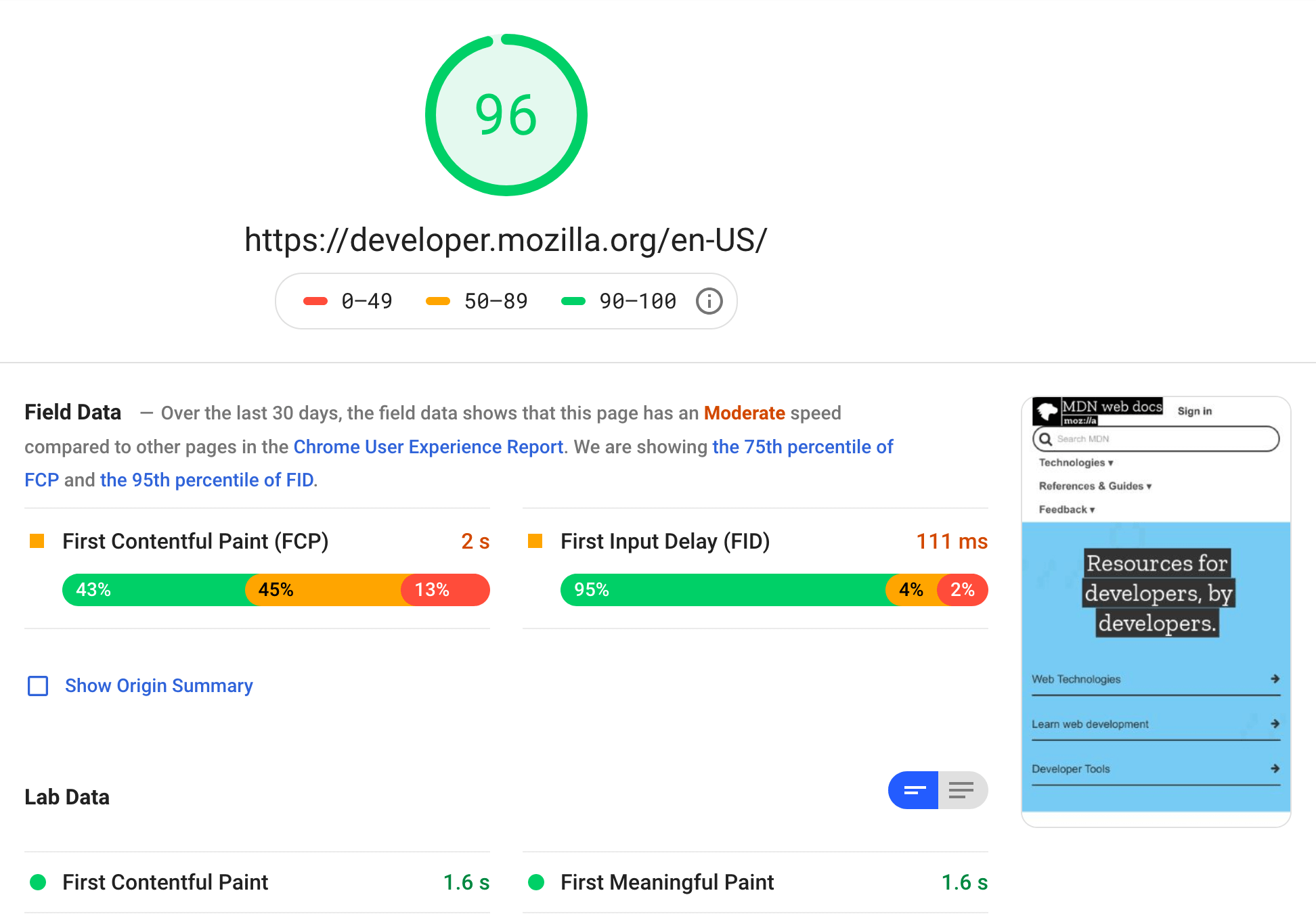 A screenshot of PageSpeed Insights report for the Mozilla homepage.