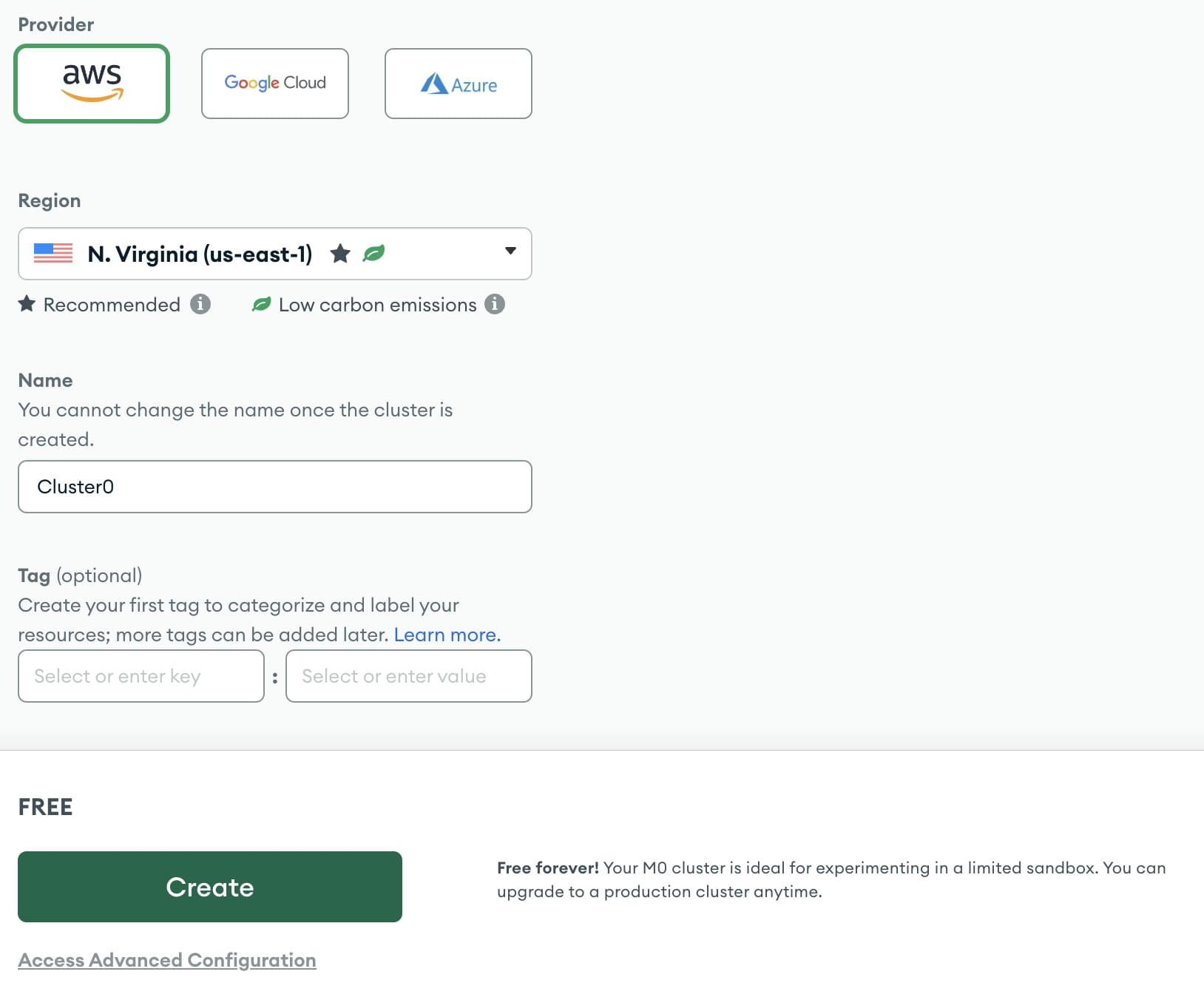 Choose a cloud provider when using MongoDB Atlas.