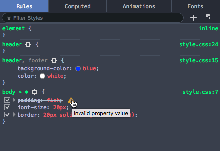 The developer tools cross out invalid CSS and add a hoverable warning icon