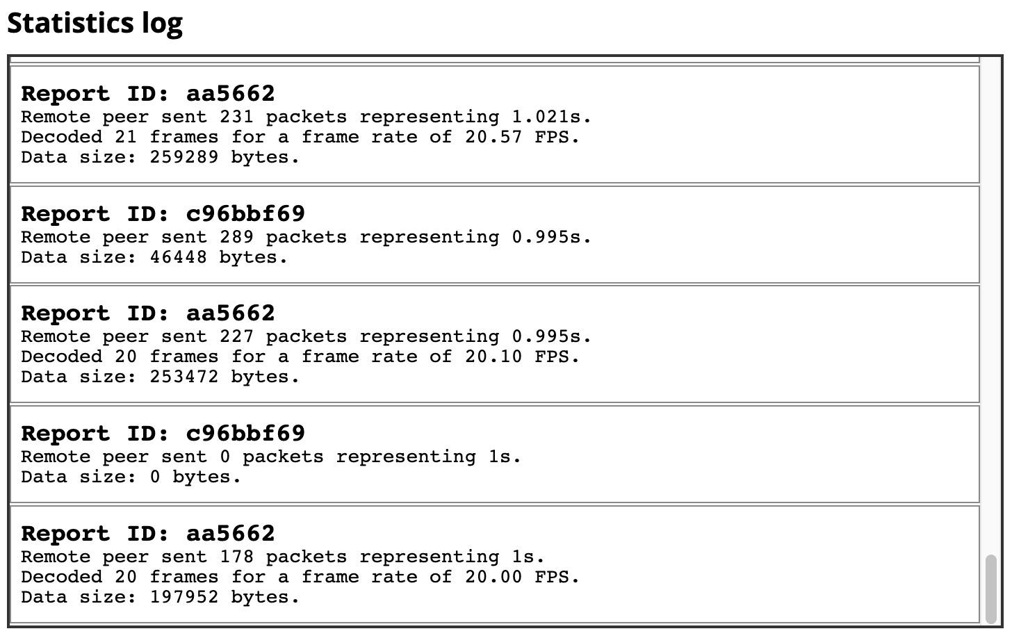 A screenshot of the example showing logged statistics taken from paired remote-outbound-rtp and inbound-rtp statistics records