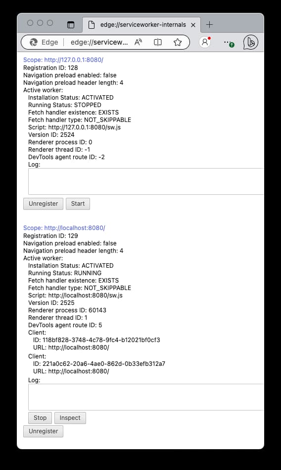 Two service workers exist at localhost:8080. The can be unregistered from the list of service workers